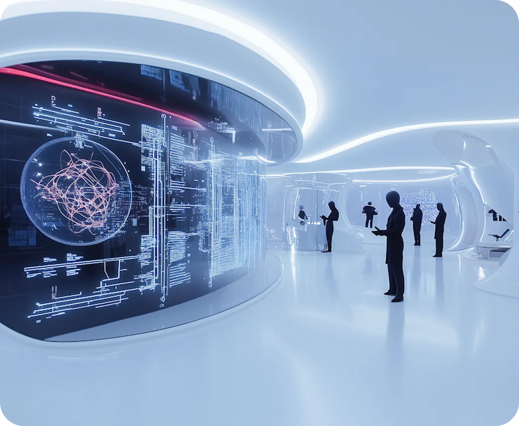 Futuristic white room with multiple people interacting with large digital screens displaying complex data and holograms.