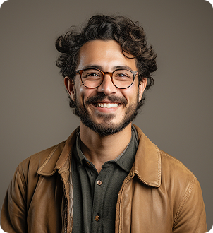Smiling man with curly hair, glasses, and a brown leather jacket over a dark shirt against a plain background.